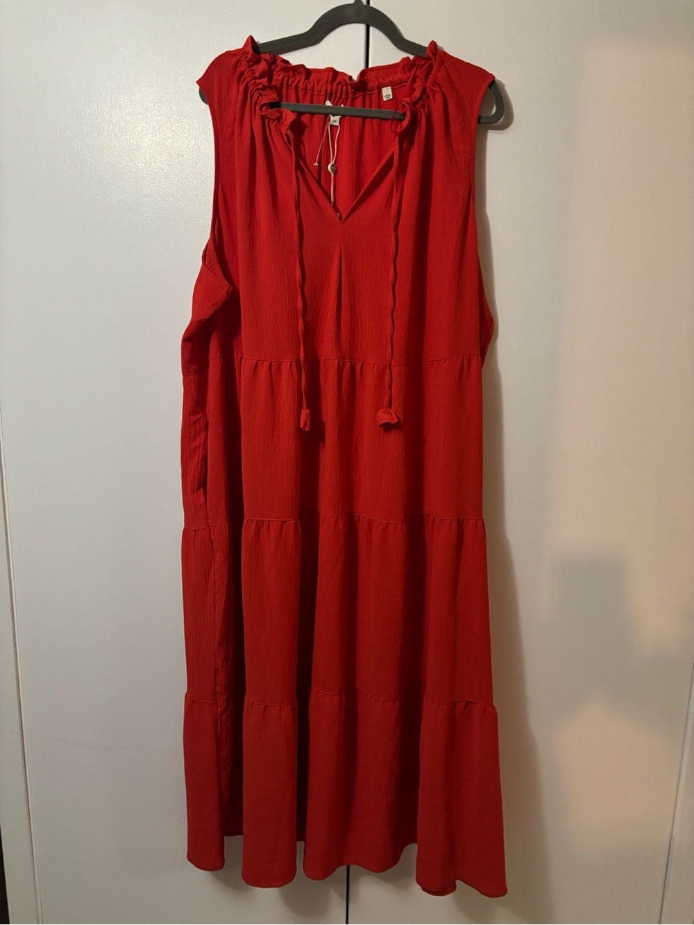 Sleeveless Red Tiered Maxi Dress with Tie Neck